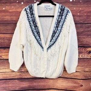 Elegant Cream and Blue Cardigan Sweater